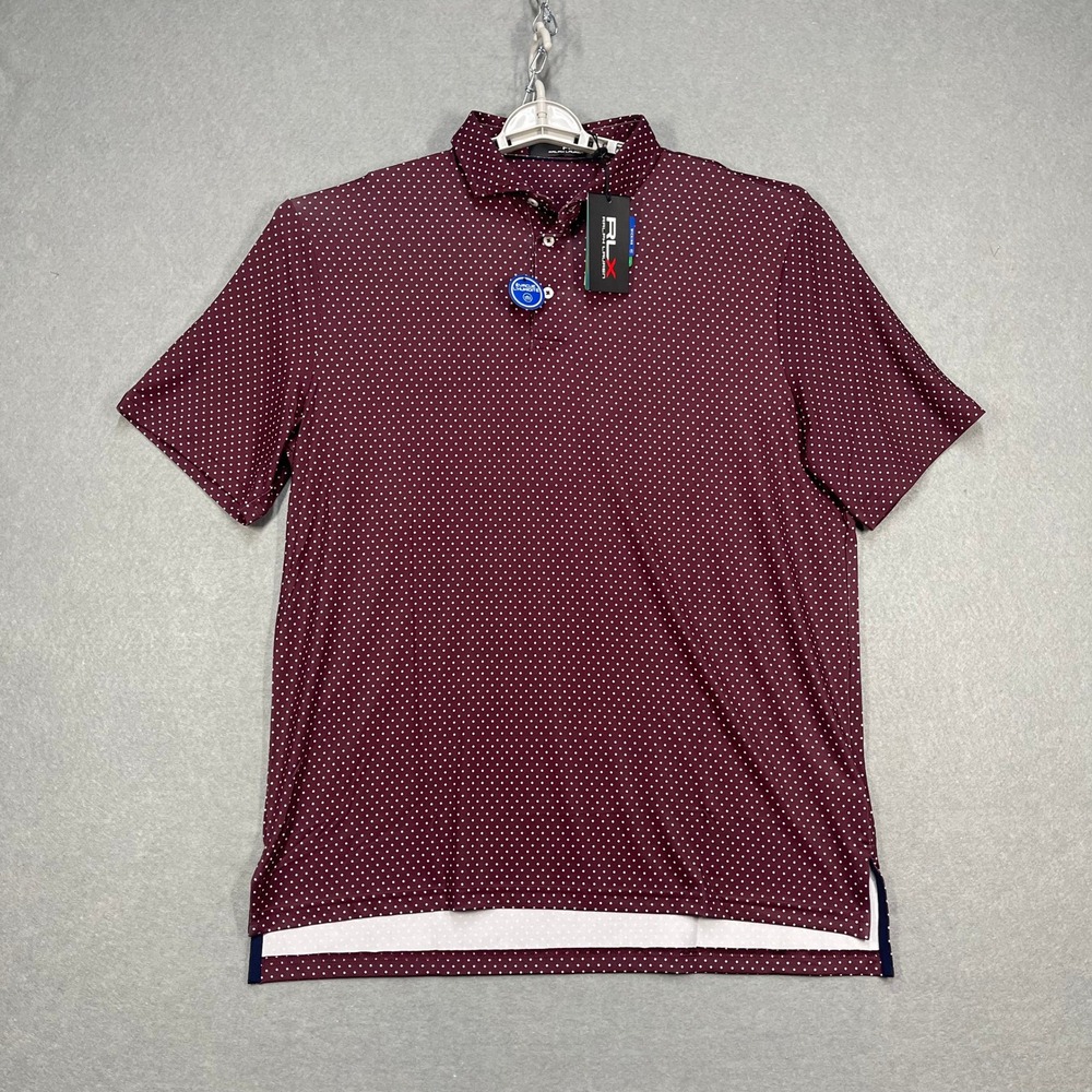 RLX Ralph Lauren Polo Shirt Mens Large Burgundy Red White Polka Dot Wicking Golf